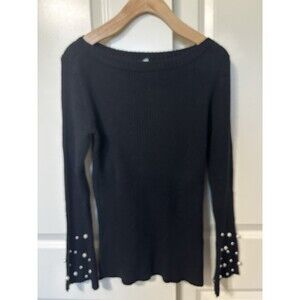 Women's Venus Sweater - Black w White Pearls - Bell Sleeves Size Small